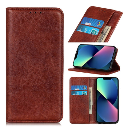 Brown leather horizontal flip phone case with magnetic closure and card slots, front view