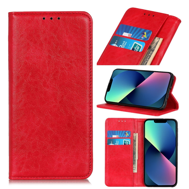 Red magnetic flip leather phone case with card slots and wallet pocket