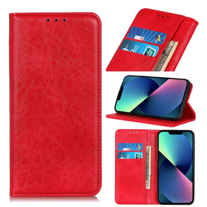 Red magnetic flip leather phone case with card slots and wallet pocket