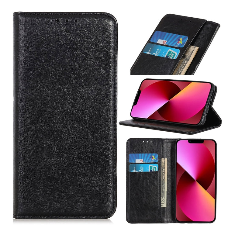 Black leather-style magnetic flip phone case with card slots and wallet, closed.