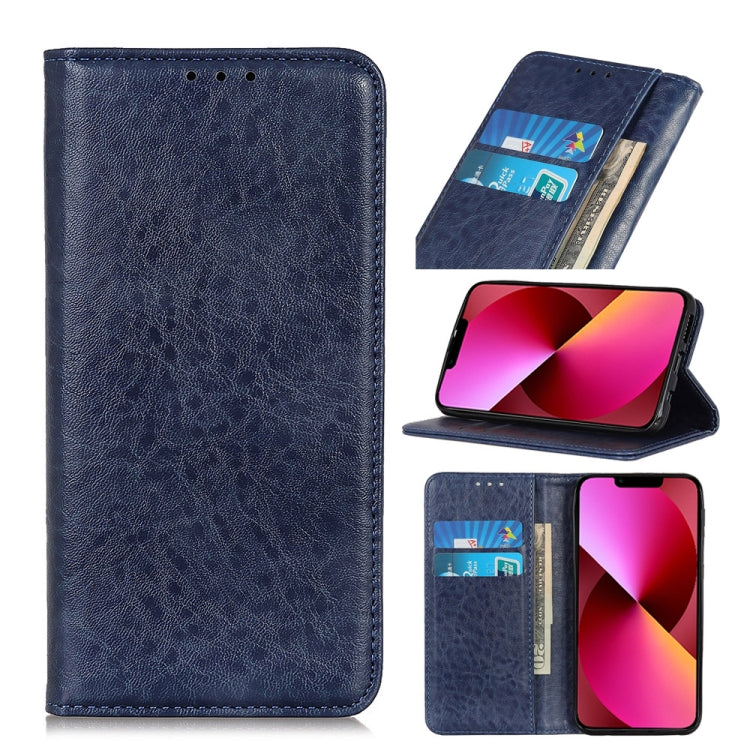 Blue leather folio phone case with magnetic flap and card slots, side stand view