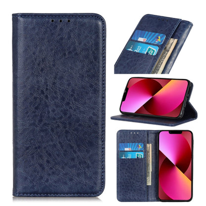 Blue leather folio phone case with magnetic flap and card slots, side stand view