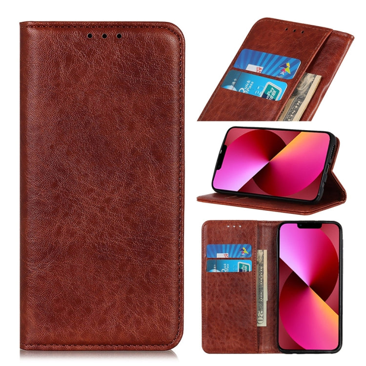 Brown leather folio phone case with magnetic flap and card slots, standing view