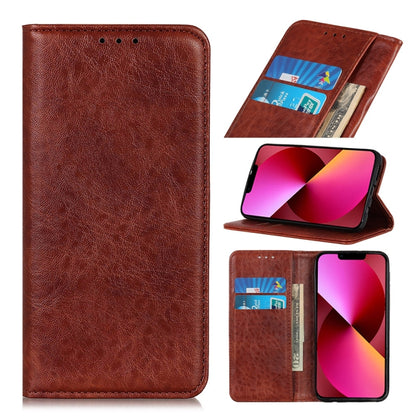 Brown leather folio phone case with magnetic flap and card slots, standing view