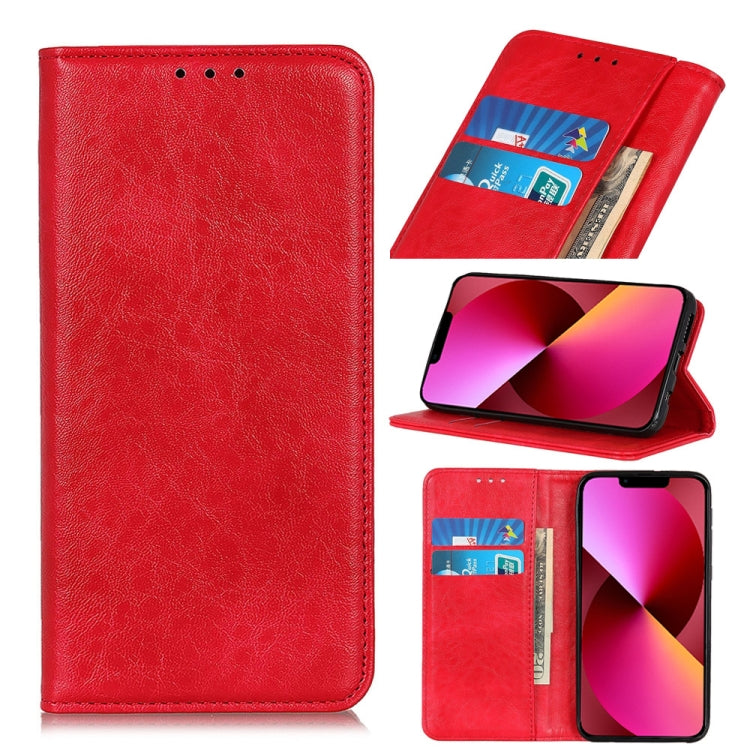 Red magnetic flip leather phone case showing card slots and side wallet pocket