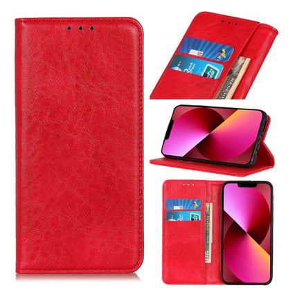 Red magnetic flip leather phone case showing card slots and side wallet pocket