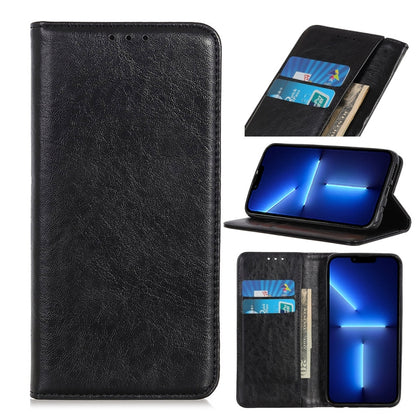 Black leather-style magnetic flip phone case with card slots and stand viewing.