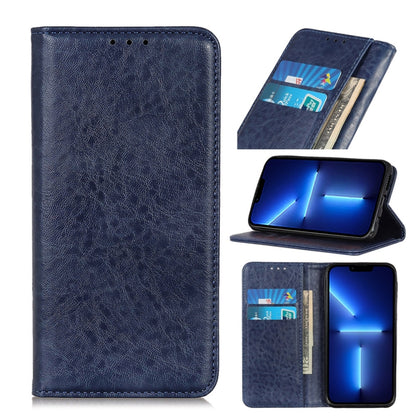 Blue leather folio phone case with magnetic flap and card slots, kickstand view