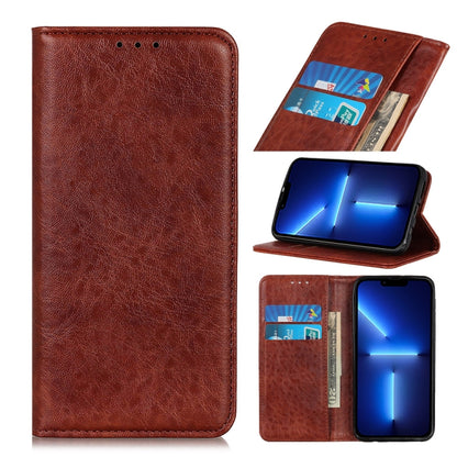 Brown leather folio phone case with card holder and magnetic flap, angled view