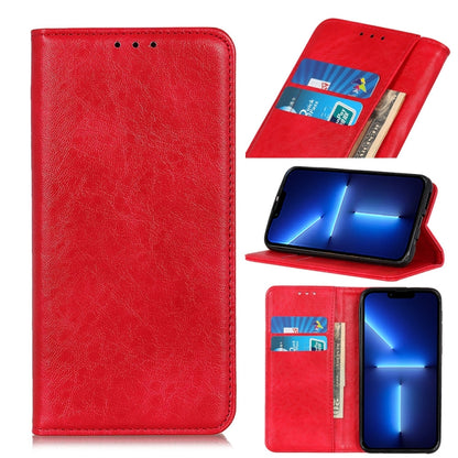 Red magnetic flip leather phone case with card slots, phone propped in stand