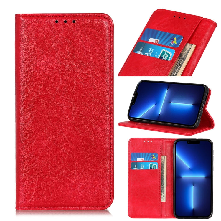 Red magnetic flip leather phone case with card slots and wallet pocket, phone in use