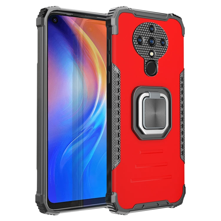 Red and black shockproof phone case with textured grip and ring holder cutout