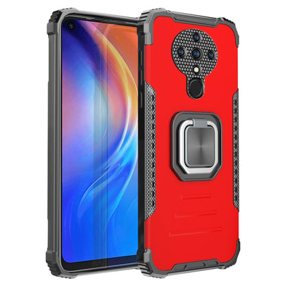 Red and black shockproof phone case with textured grip and ring holder cutout