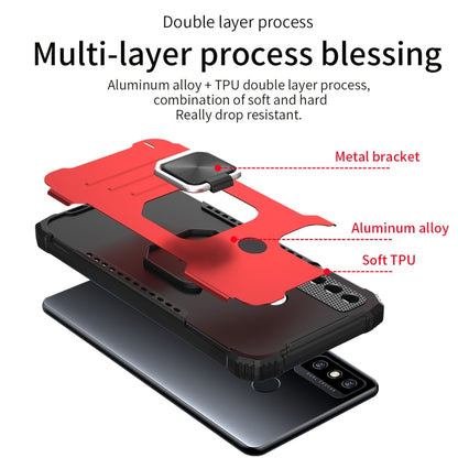 Red two-layer phone case with aluminum-style backplate and soft TPU edges
