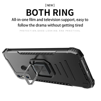 Black shockproof phone case with ring holder stand and rugged corner protection