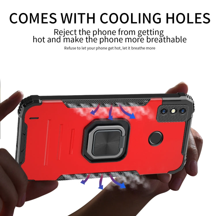 Red shockproof phone case showing cooling holes and ring holder center