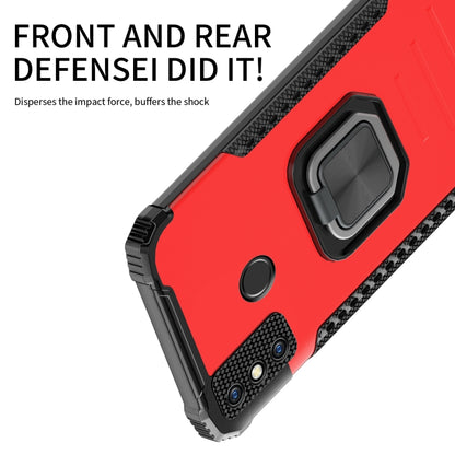 Red shockproof phone case with ring holder window and front camera/port cutouts