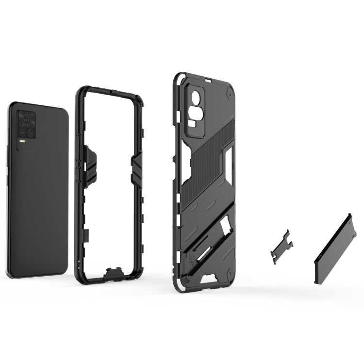 Rugged phone case set with back cover, frame, and fold-out stand