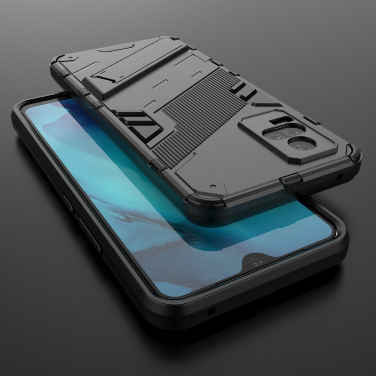 Gray rugged phone case with shockproof bumper and integrated kickstand