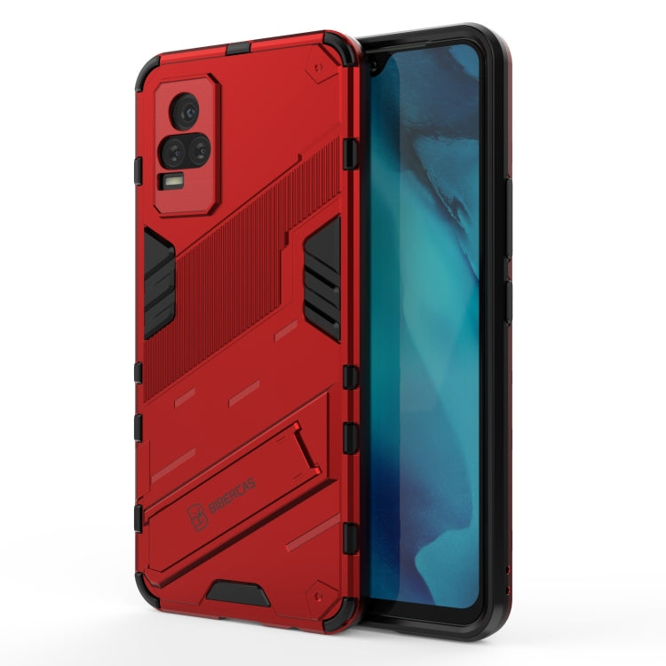 Red rugged phone case with shockproof TPU bumper and fold-out stand