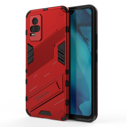 Red rugged phone case with shockproof TPU bumper and fold-out stand