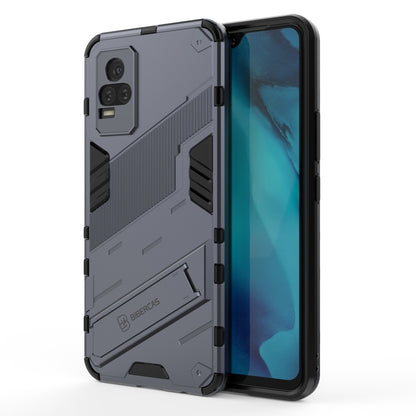 Gray shockproof phone case with rugged armor pattern, raised edges, built-in holder