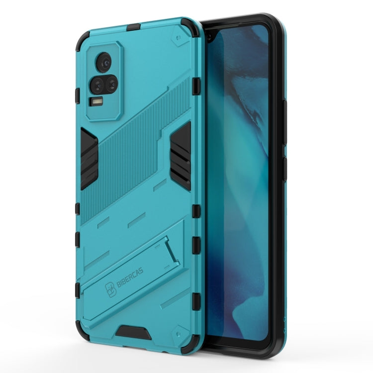 Teal shockproof phone case with rugged armor design, raised edges, built-in holder