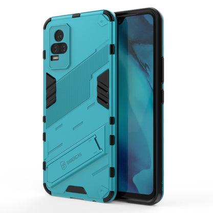 Teal shockproof phone case with rugged armor design, raised edges, built-in holder