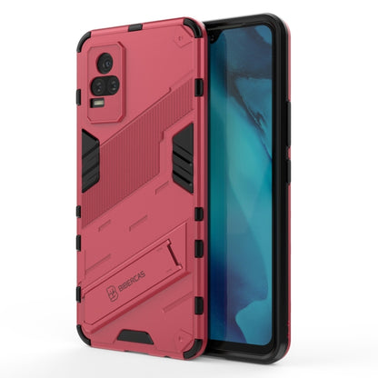 Rugged red phone case with black shockproof armor and camera cutouts