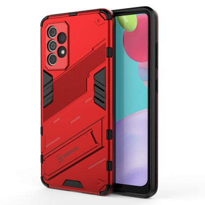 Red rugged phone case with shockproof TPU bumper and integrated kickstand