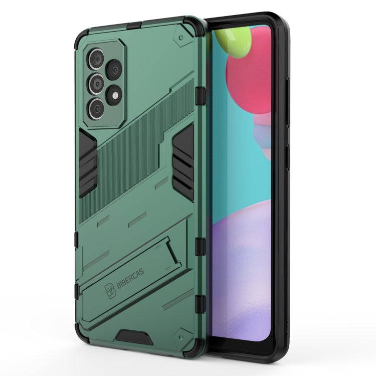 Light green shockproof phone case with rugged armor design, raised edges, built-in holder