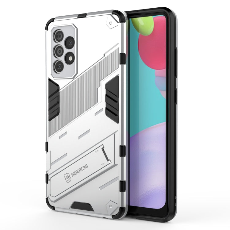 White shockproof phone case with rugged armor pattern, raised edges, built-in holder