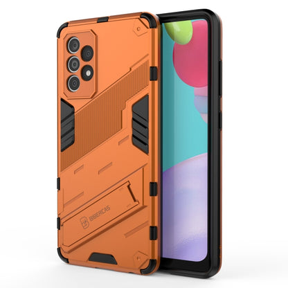 Orange shockproof phone case with rugged armor pattern, raised edges, built-in holder