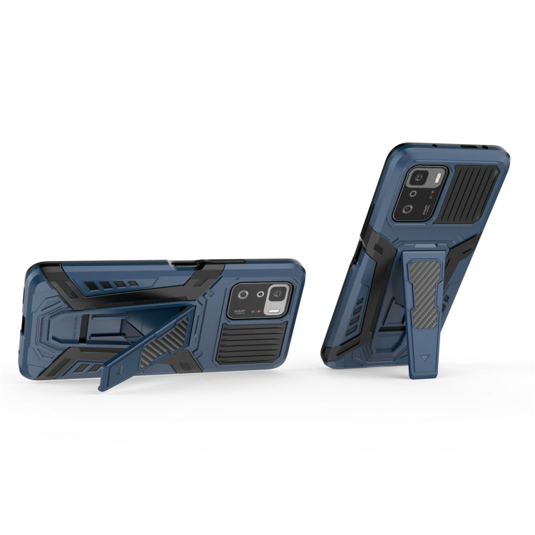 Blue rugged phone case with built-in kickstand and raised camera shield
