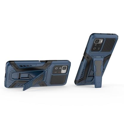 Blue rugged phone case with built-in kickstand and raised camera shield