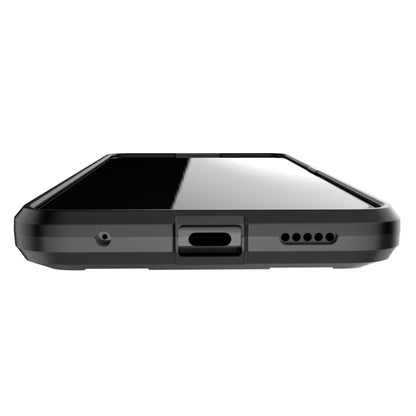 Black rugged phone case side view with speaker and charging port cutouts