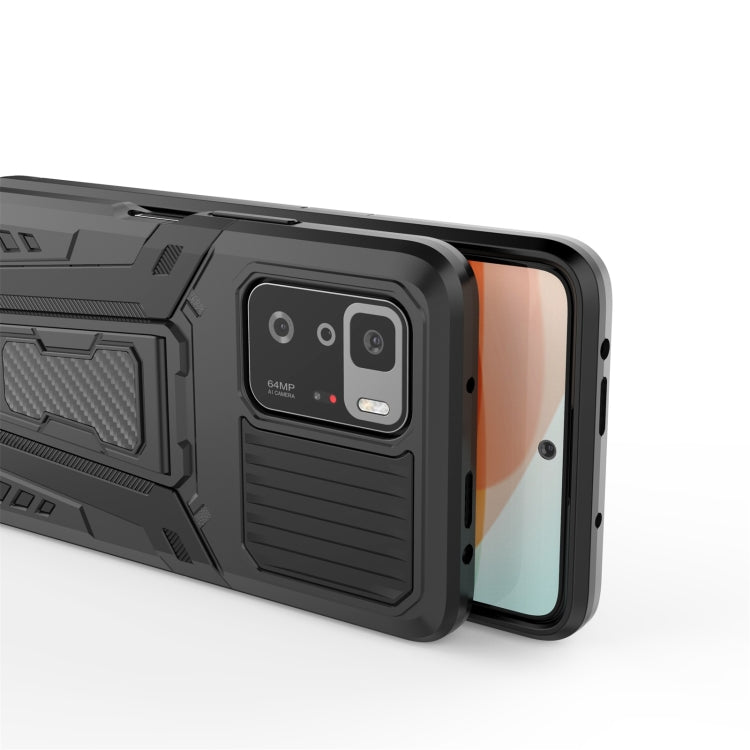 Gray and black rugged phone case close-up with camera guard and textured panels