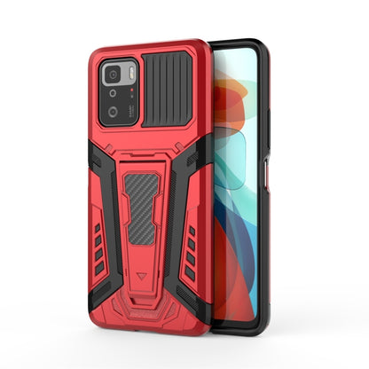 Rugged red and black phone case with textured armor design and camera cutouts