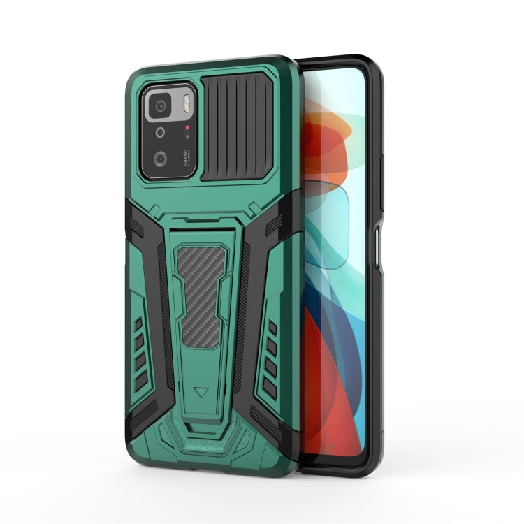 Rugged green and black phone case with textured armor design and camera cutouts