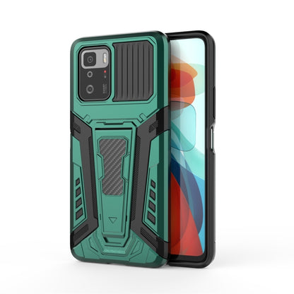Rugged green and black phone case with textured armor design and camera cutouts