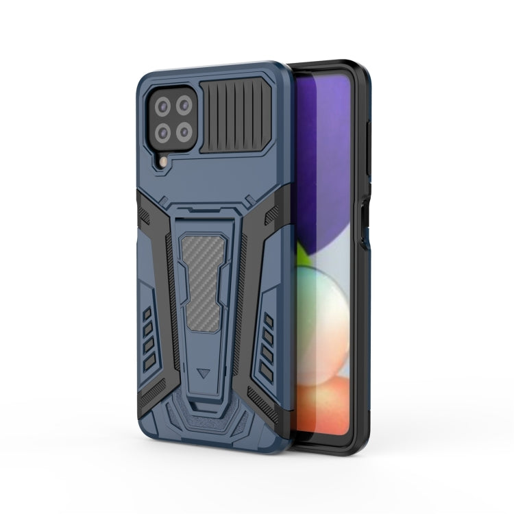 Blue rugged phone case with raised camera area and textured shockproof pattern