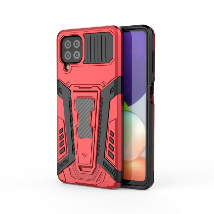 Rugged red and black phone case with textured armor design and camera cutouts
