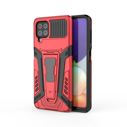 Rugged red and black phone case with textured armor design and camera cutouts