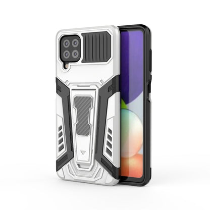 Rugged white and black phone case with textured armor design and camera cutouts