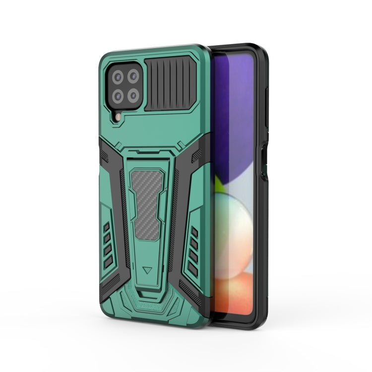 Rugged green and black phone case with textured armor design and camera cutouts