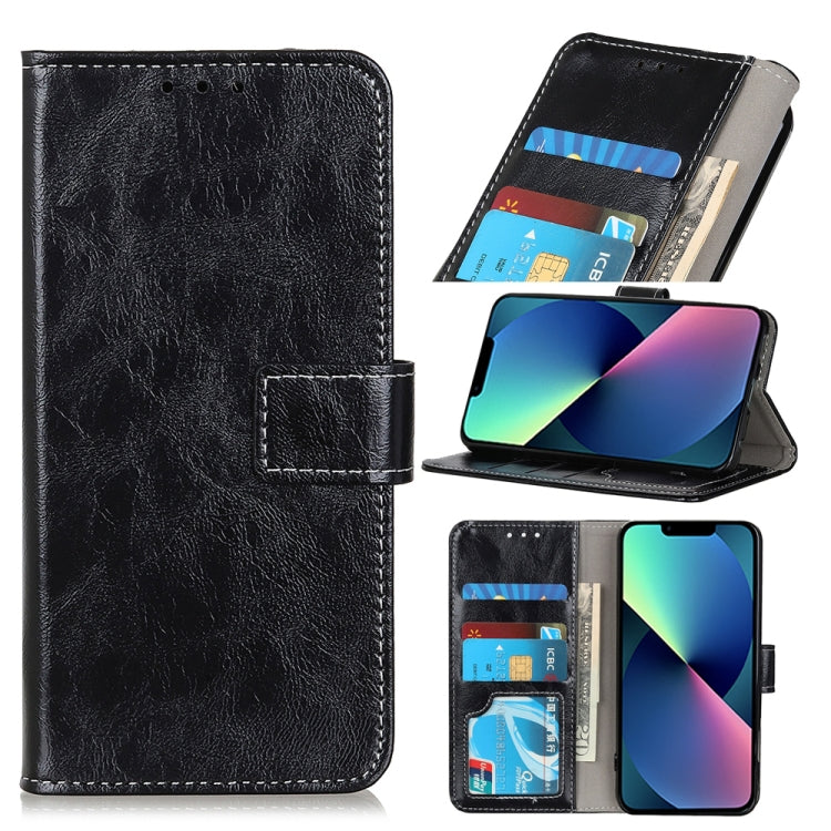 Black flip phone wallet case with card slots, photo window, and kickstand.