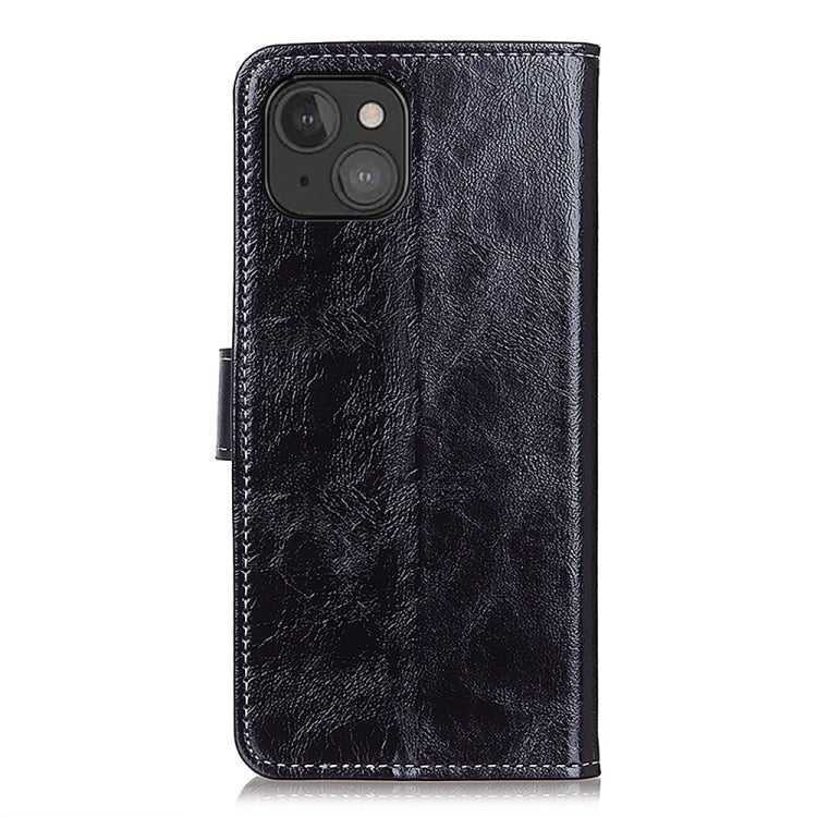 Black leather flip phone case with camera cutouts and stitched edges.