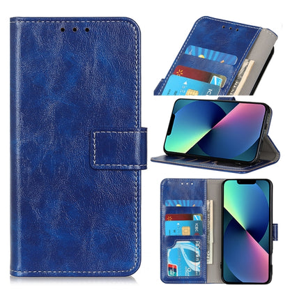 Blue flip phone wallet case with card slots and stand; textured faux leather