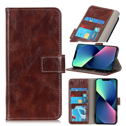 Brown flip phone wallet case with card slots and stand; textured faux leather