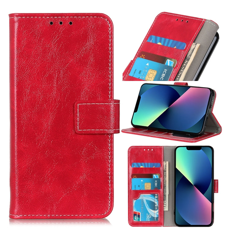 Red faux leather flip phone case with card slots, photo window, and magnetic strap